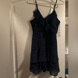 Japna Navy One-Shoulder Ruffle Polka Dot Dress